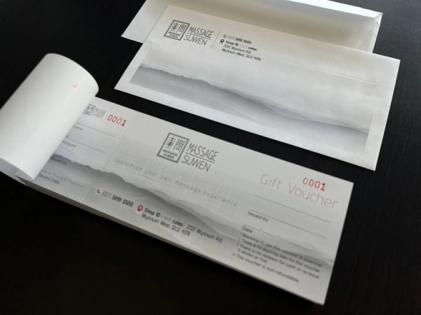Creative gift voucher/ gift certificate booklet and envelope design and print by PinPrint