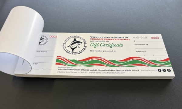 Classic chequebook style gift certifcate custom design and print for sports club